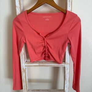 American Eagle Outfitters Bright Pink Coral Long Sleeve V-Neck Crop Top